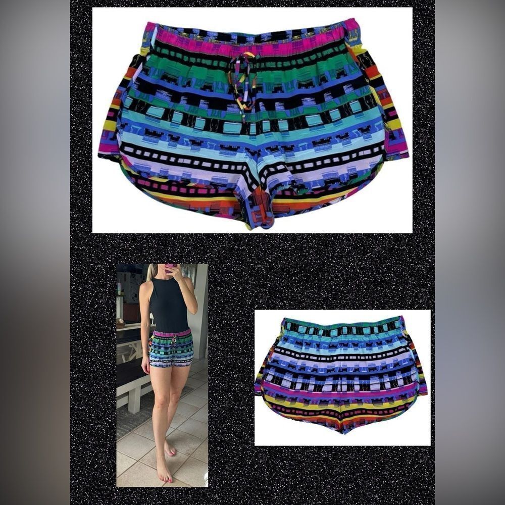Rory Beca Purple Multi Color Eclectic Silk Drawstring Waist Shorts